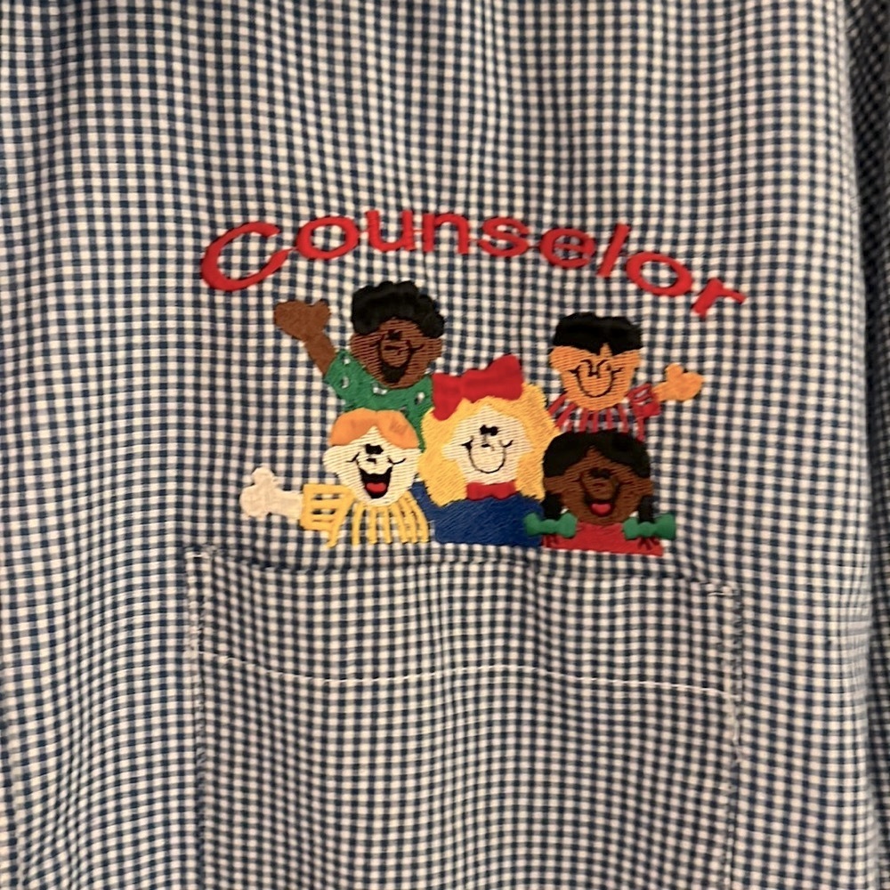 Blue and white checked button up shirt for counselors